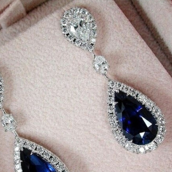 18K WHITE GOLD FILLED BLUE SAPPHIRE EARRINGS - Picture 3 of 3